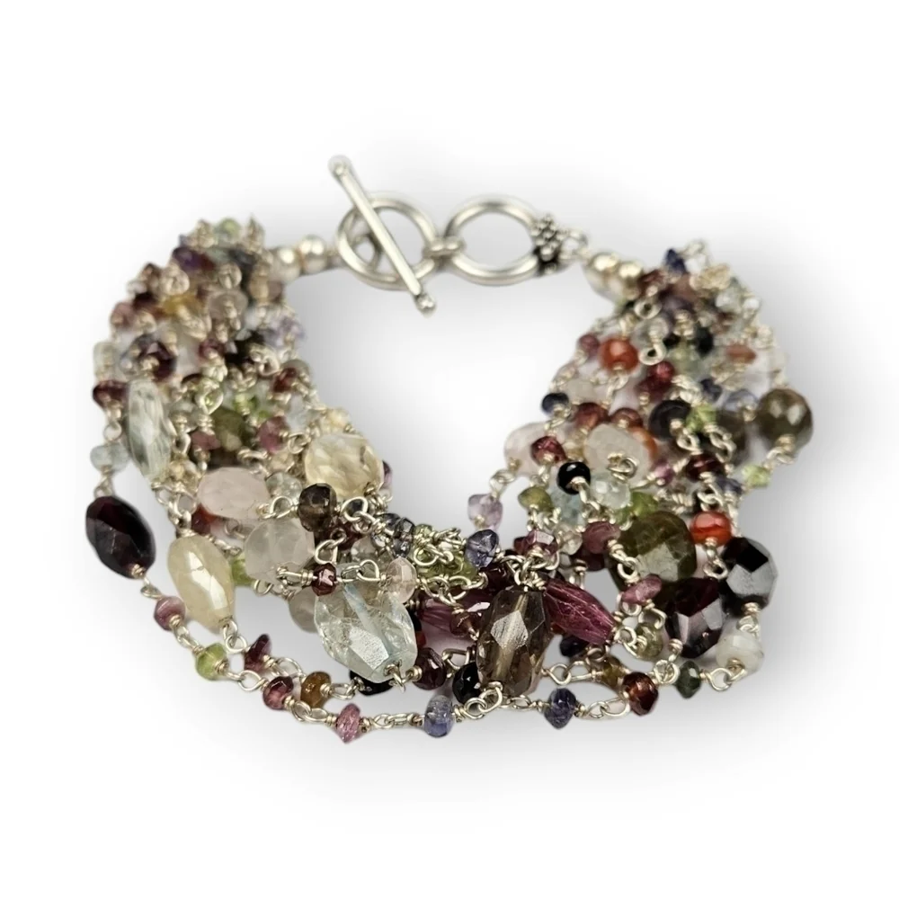 Assorted Gemstone Multi Chain Bracelet Colorful Bead Silver Plated 7.5
